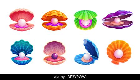 Cartoon pearl shells, oyster, scallop and clam seashells. Vector sea and ocean water shellfish animals with white, pink and purple pearls between colorful shells. Luxury natural gems isolated set Stock Vector