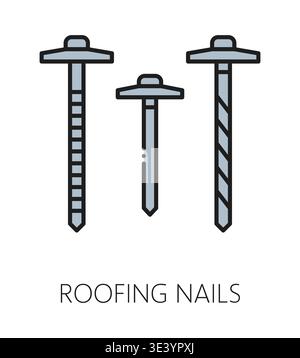 Home roof construction nail installation line icon or label. Property roof construction company symbol, cottage roofing maintenance vector pictogram. Home renovation service outline icon or sign Stock Vector