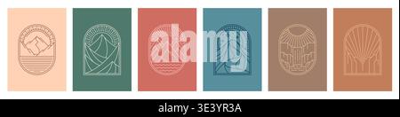 Mountain boho icons, esoteric bohemian tattoos with vector line sun, moon and star sky. Abstract minimal mountain and desert landscapes with sand dunes, hills and sea wave boho icons in outline frames Stock Vector