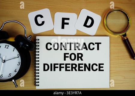 CFD Contract For Difference text written on notepad with magnifying glass and alarm clock on wooden background Stock Photo
