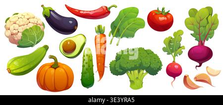 Cartoon raw ripe vegetables, vector garden and farm veggie food. Cartoon tomato, eggplant, beetroot, green salad and broccoli. Fresh cucumber, chili pepper, radish, carrot and avocado vegetable slice Stock Vector