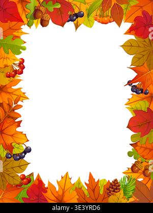 Autumn season leaves and berries frame. Thanksgiving celebration vector frame, fall season banner border. Autumn background with berries, oak, marple and chestnut tree leaf, pine cone and acorns Stock Vector