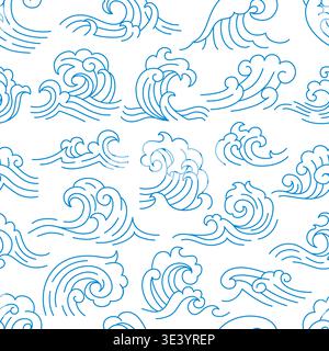Ocean sea asian Japanese and chinese waves seamless pattern. Fabric asian swirly seamless thin line vector backdrop. Japanese motif graphic pattern or background with curly blue outline tsunami waves Stock Vector