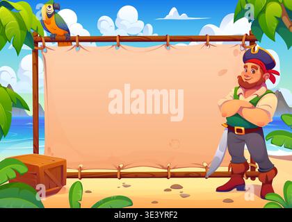 Pirate with signboard banner on tropical island. Cartoon vector blank parchment sign board on wooden frame by the sea. Smiling captain corsair sailor with tricorn hat, sword and parrot on sandy beach Stock Vector