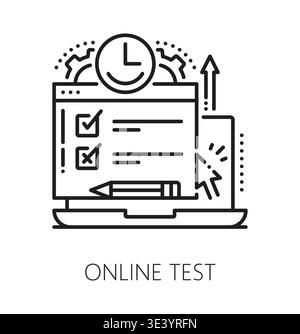 Online education test line icon or label. Online education course lineart symbol, e-learning outline vector pictogram. Remote school web classes sign or icon with test answers on laptop screen Stock Vector