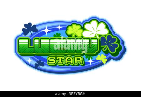 Y2k streetwear lucky star retro label or symbol. Brand futuristic retro nostalgic patch, graphic vector icon. Clothing Y2K sticker with green funky typography, shooting stars and shamrock clover leaf Stock Vector