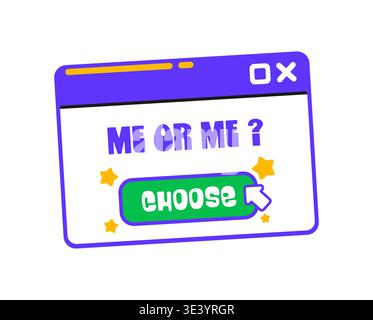 Choose me computer window Y2K groovy sticker or vintage label. Retro 60s Y2K vector sticker or label. Funny 80s funky patch or vintage positive groovy tag with computer window and mouse arrow pointer Stock Vector