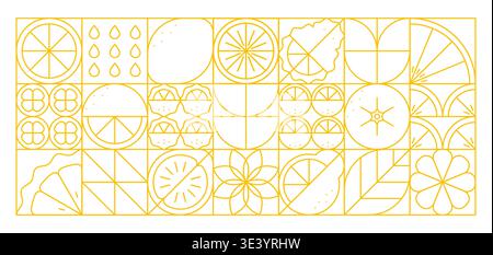 Citrus fruits geometric pattern. Vector abstract background with yellow linear lemons, oranges, drops, leaves and symmetrical segments arranged in grid layout. Minimalistic fresh juice or summer tile Stock Vector