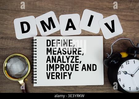 DMAIV Define, Measure, Analyze, Improve and Verify text written on notepad with magnifying glass and alarm clock on wooden background Stock Photo