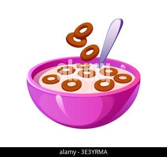 Breakfast bowl with milk and cereal chocolate ring pieces falling inside showing food preparation process with spoon and creamy liquid. Cartoon vector isolated kitchen scene with morning healthy meal Stock Vector