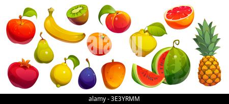 Cartoon raw, ripe fruits, vector food and summer harvest berries. Isolated orange, watermelon slice and peach, apple, pomegranate, banana, pineapple and lemon citrus, ripe mango, kiwi and plum Stock Vector