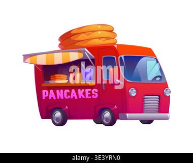 Cartoon pancakes food truck car, festival retro foodtruck. Festival cartoon food truck car, vintage street foodtruck isolated vector van kiosk. Fair retro cafe bus or pancakes isolated mobile booth Stock Vector