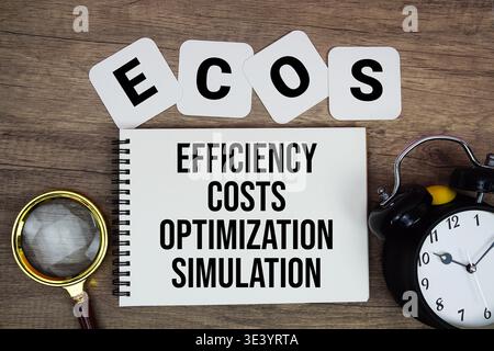 ECOS Efficiency Costs Optimization Simulation text written on notepad with magnifying glass and alarm clock on wooden background Stock Photo