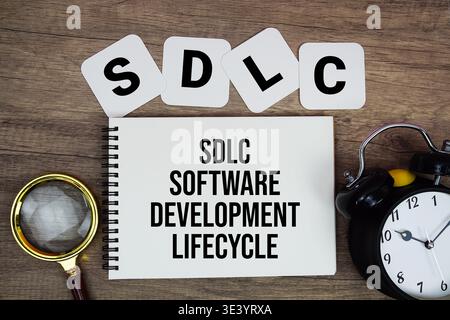 SDLC Software Development Lifecycle text written on notepad with magnifying glass and alarm clock on wooden background Stock Photo