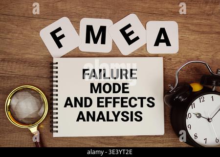 FMEA Failure Mode and Effects Analysis text written on notepad with magnifying glass and alarm clock on wooden background Stock Photo