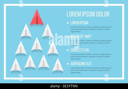 Red paper airplane as a leader among white airplanes, leadership, teamwork, motivation, stand out of the crowd concept, infographic template with plac Stock Vector