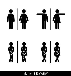 Set of restroom icons including classic male and female toilet signs and creative humorous variations. Minimal black and white pictograms in solid and Stock Vector