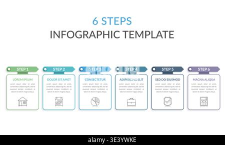 Infographic template with six elements with arrows and place for your text and icons, workflow, process chart, steps or options, vector eps10 illustra Stock Vector
