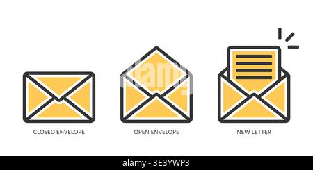 Envelope or mail icons set, open and closed envelopes, new letter icon, vector eps10 illustration Stock Vector