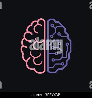 Neon style icon of artificial intelligence and human brain on dark background split concept showing comparison between technology and human thinking i Stock Vector