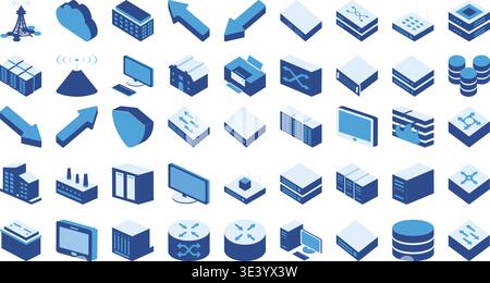 Data Center Network Isometric Icons Set Vector, Server Database Cloud Technology 3D Symbols Collection Stock Vector