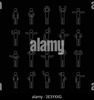 Set of 20 stick figure icons white thin line art on black background, each showing a unique human pose or gesture. Ideal for illustrating body languag Stock Vector