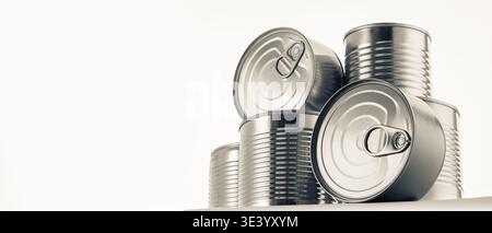 Tin cans Studio shot a composition copy space of several without labels is a graphic minimalistic art still life on food storage, stocks and food safe Stock Photo