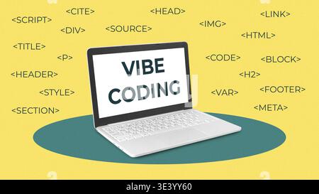 Learning to code with a laptop showing web development commands on a yellow background Stock Photo