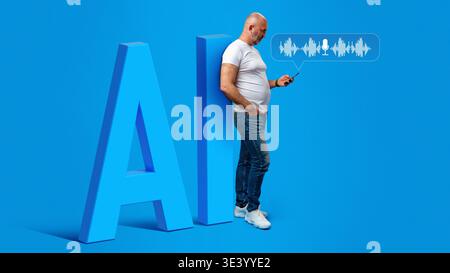 Man interacts with AI technology using a smartphone on a bright blue background Stock Photo