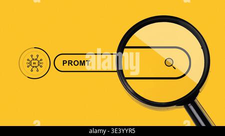Searching for AI prompts using a magnifying glass on a yellow background in a digital setting Stock Photo