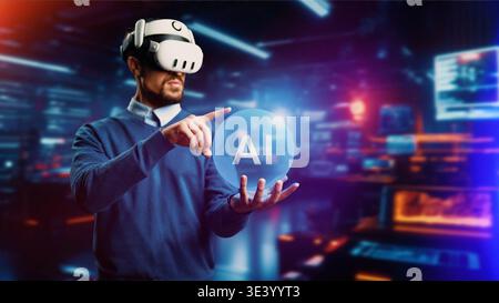 Man interacts with AI technology using virtual reality headset in a digital space Stock Photo