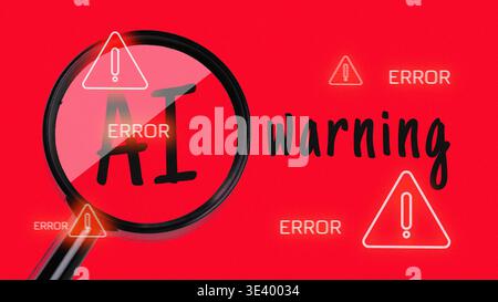 Warning message about AI errors with a magnifying glass on a red background Stock Photo