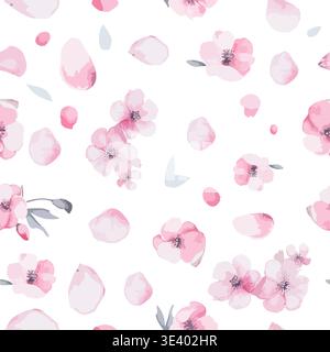 Seamless background with sakura petals and flowers. Hand drawn. Not AI, vector illustration. Stock Vector
