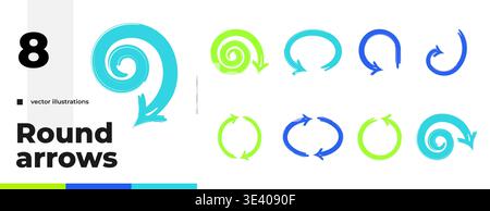 Round and spiral multicolor bold thick stroke arrow set Stock Vector
