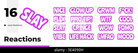 Trendy slang reactions bold purple outline cta words pack Stock Vector