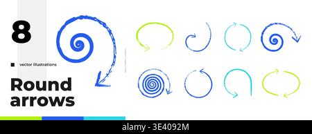Spiral and round multicolored grunge doodle arrow set Stock Vector