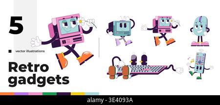 Computer and tech groovy retro characters pack Stock Vector