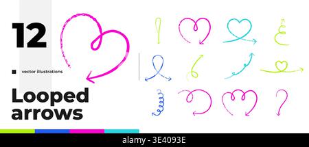 Heart shaped looped multicolored grunge doodle arrow set Stock Vector