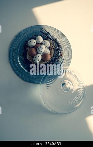 Decorated Easter eggs in a nest of twigs on a glass cake tray Stock Photo