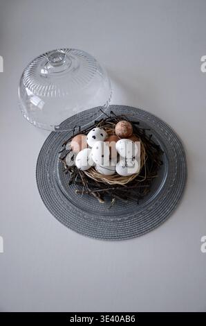 Easter eggs in twig nest on glass cake plate Stock Photo