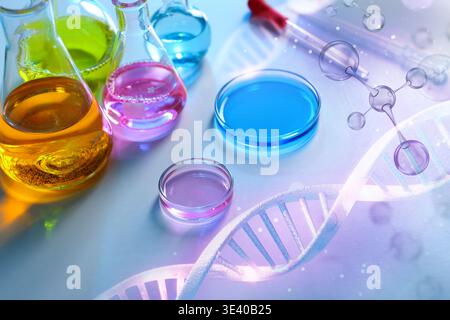 Laboratory glassware, molecules and DNA strand. Research in biochemistry and genetics Stock Photo