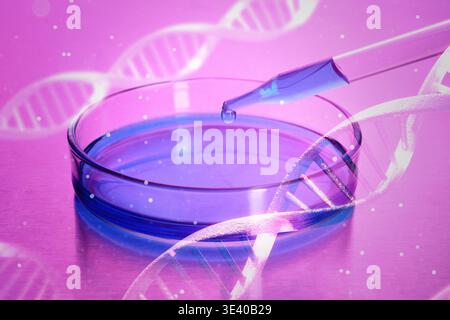 Dropping sample into Petri dish and DNA strands on pink background. Research in biochemistry and genetics Stock Photo