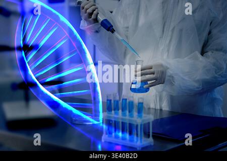 DNA strand and scientist dropping sample into flask in laboratory. Research in biochemistry and genetics Stock Photo