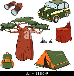 Camping Adventure Icons Backpack, Tent, Car, Nature Elements Adventure Gear Included. Vector illustration. Tourism Stock Vector