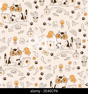 Seamless Freelance Pattern. Cute Businessman Cat Working on Laptop and Office Doodles. Outline Black Work Character and workspace icons Hand Drawn on Stock Vector
