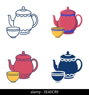 Teapot and cup icon set. Hot drink symbol, tea ceremony. Vector illustration. Stock Vector