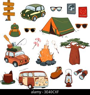 A collection of Camping Adventure Icons and Elements Set that represents outdoor activities and fun. Vector illustration. Tourism Stock Vector