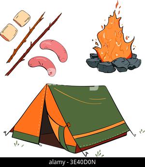 A Cozy Camping Scene with a Tent, a Warm Fire, and Delicious Snacks to Enjoy Together. Vector illustration. Tourism Stock Vector