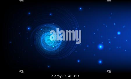 Abstract futuristic background featuring glowing blue fiber optic curves and circular data energy waves in dark space Stock Vector