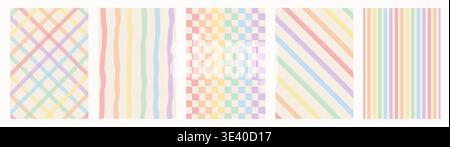 Pastel rainbow stripe and checkerboard pattern collection. Set of retro hand-drawn backgrounds. Vertical, diagonal, and plaid designs. Cute aesthetic Stock Vector